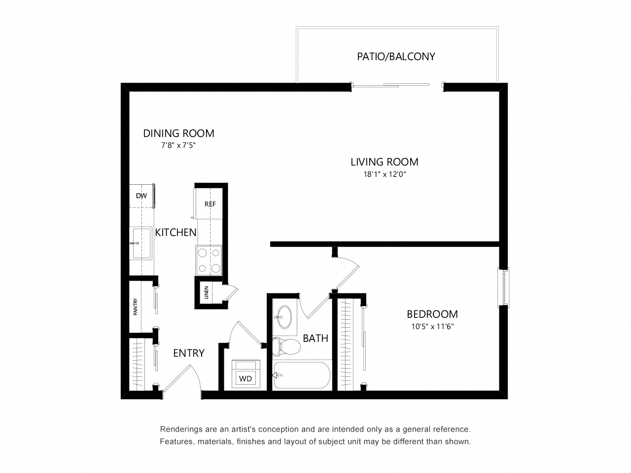 Floor plan for 1 bed, 1 bath, 747 sqft
